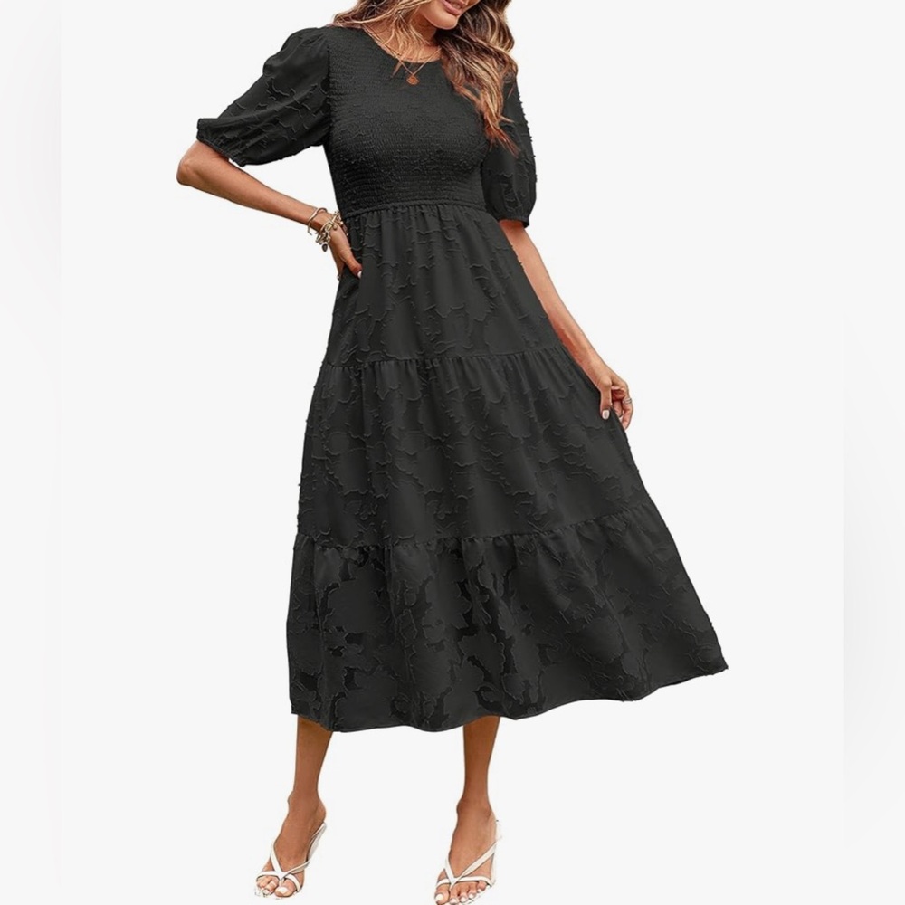 New - Summer Puff Sleeve Smocked Floral Dress Crewneck Flowy Midi Dresses